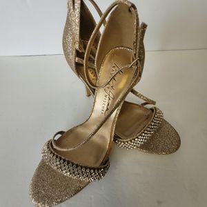Badgley Mischka Gold Rhinestone Heels, Size 7.5